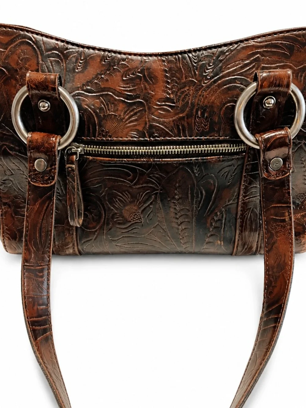 Nine West Brown Floral Faux Leather Shoulder Tote Bag Sliver Ring Accents